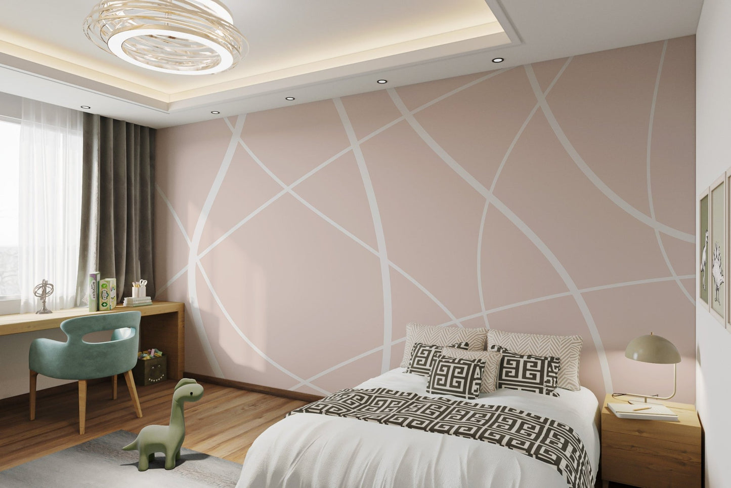 Abstract line art wall mural in a light sand color for kids bedroom.
