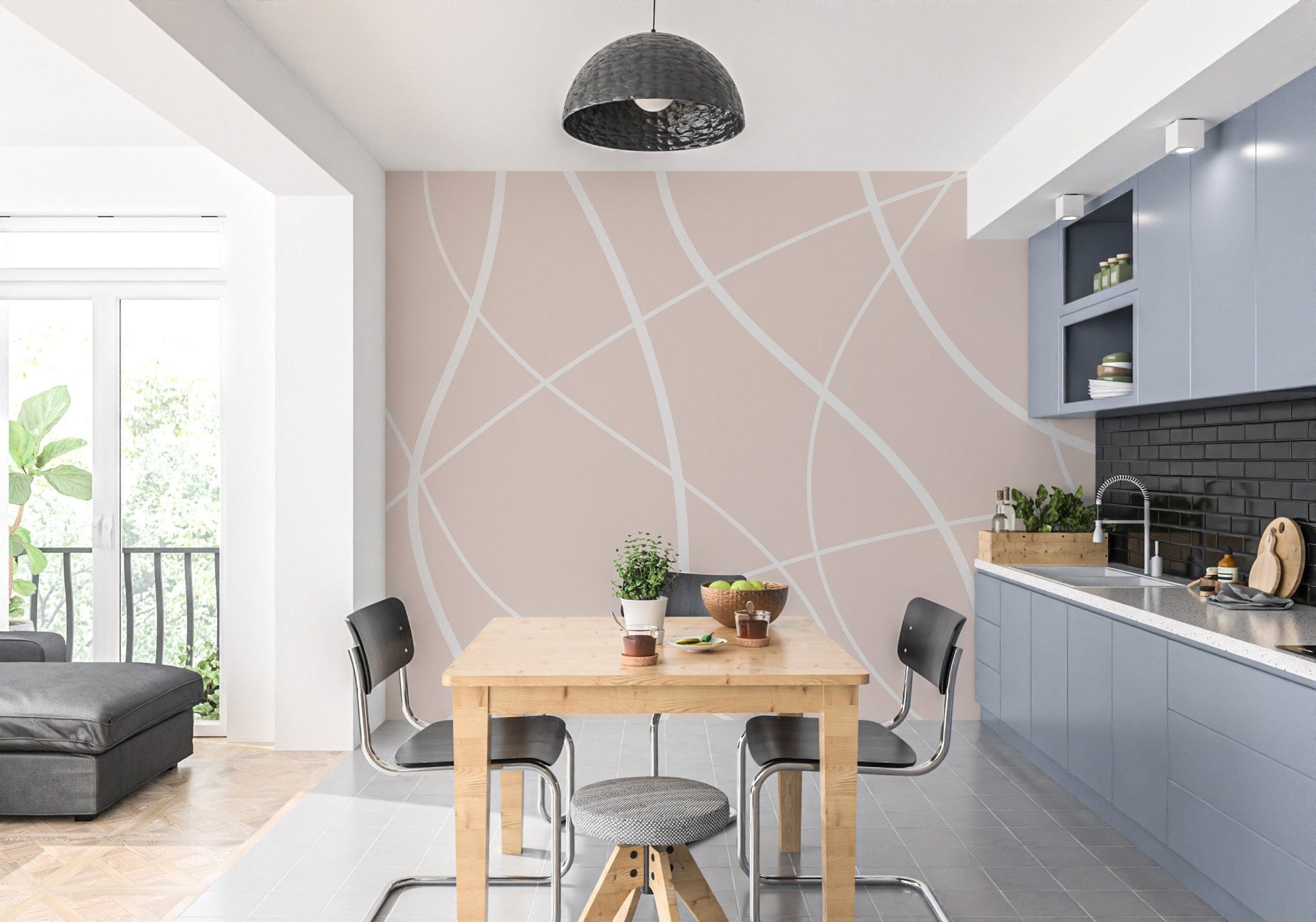 Neutral tone wall mural with geometric curved lines for modern dining room.