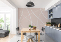 Neutral tone wall mural with geometric curved lines for modern dining room.