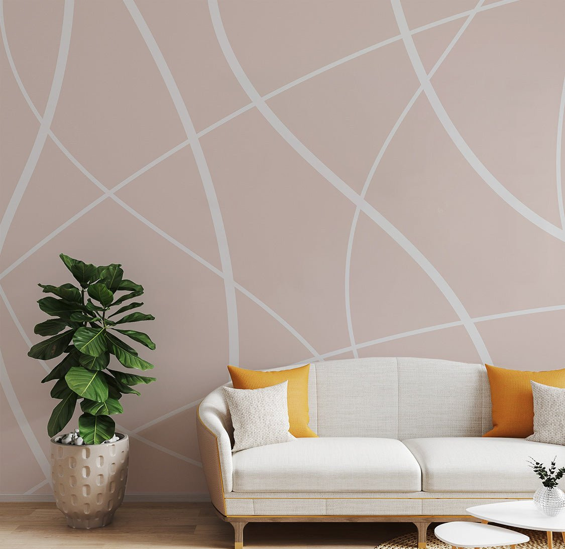 Soft Beige Lines Wall Mural with white curved patterns for a living room.