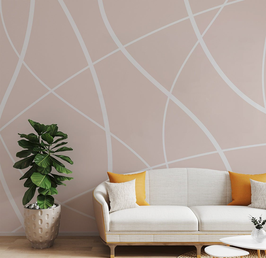 Soft Beige Lines Wall Mural with white curved patterns for a living room.