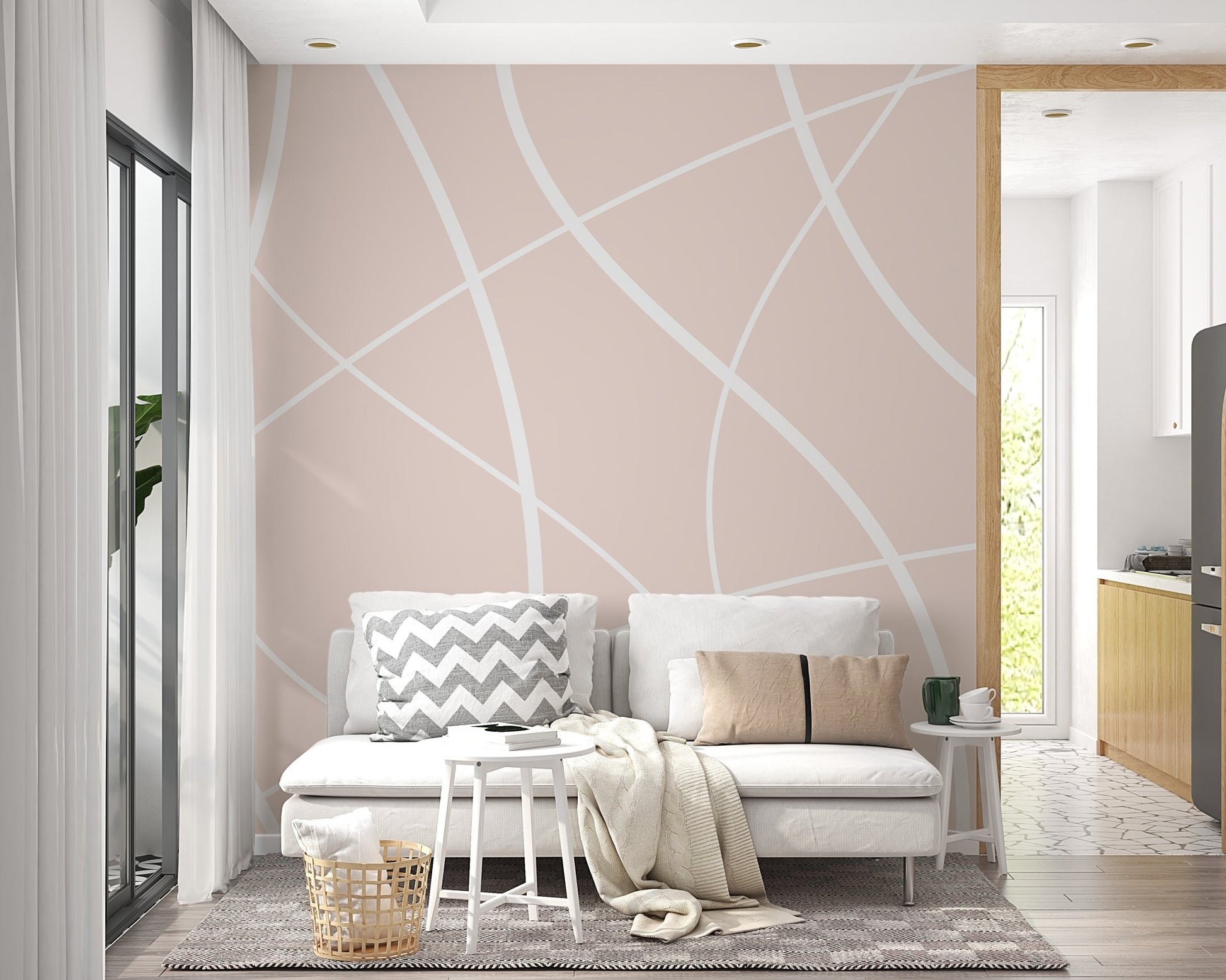 Thin white line pattern on beige background mural for hallway interiors.