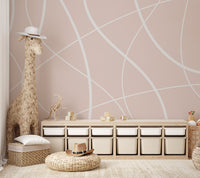 Minimalist beige wall mural featuring thin intersecting white lines.