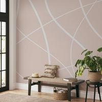 Abstract graphic wall mural with beige background and white thin arcs