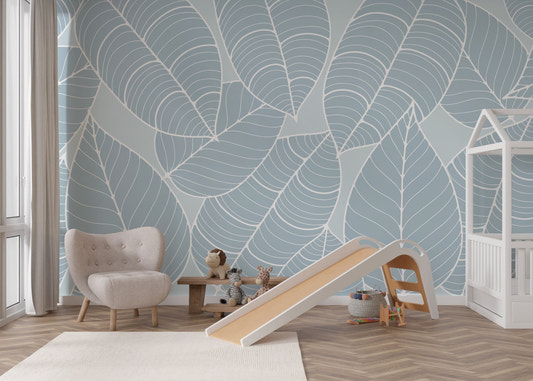 Soft blue leaf pattern wallpaper with white vein details for feature wall.