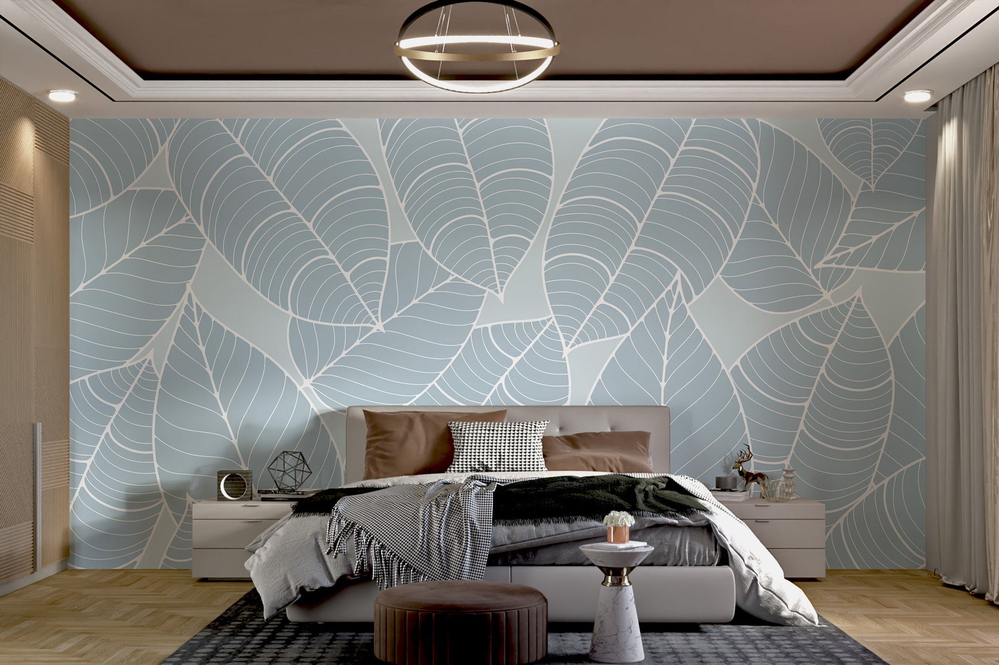 Soft Blue Leaf Pattern Wallpaper - Wallanza