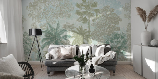Detailed illustrated jungle wallpaper featuring tall palms and dense woodland foliage.