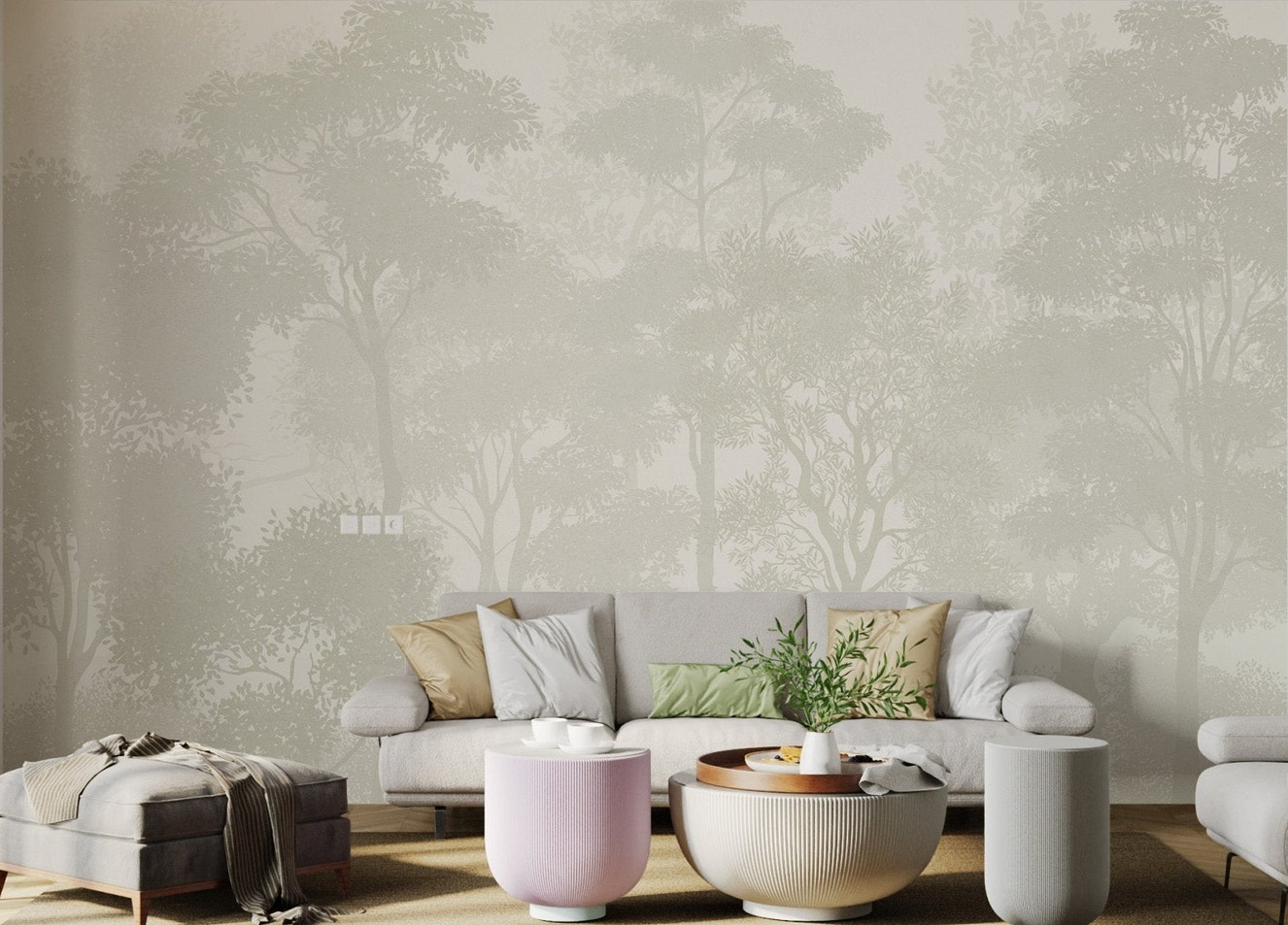 Soft color tropical peel and stick wall mural in a modern seating area.