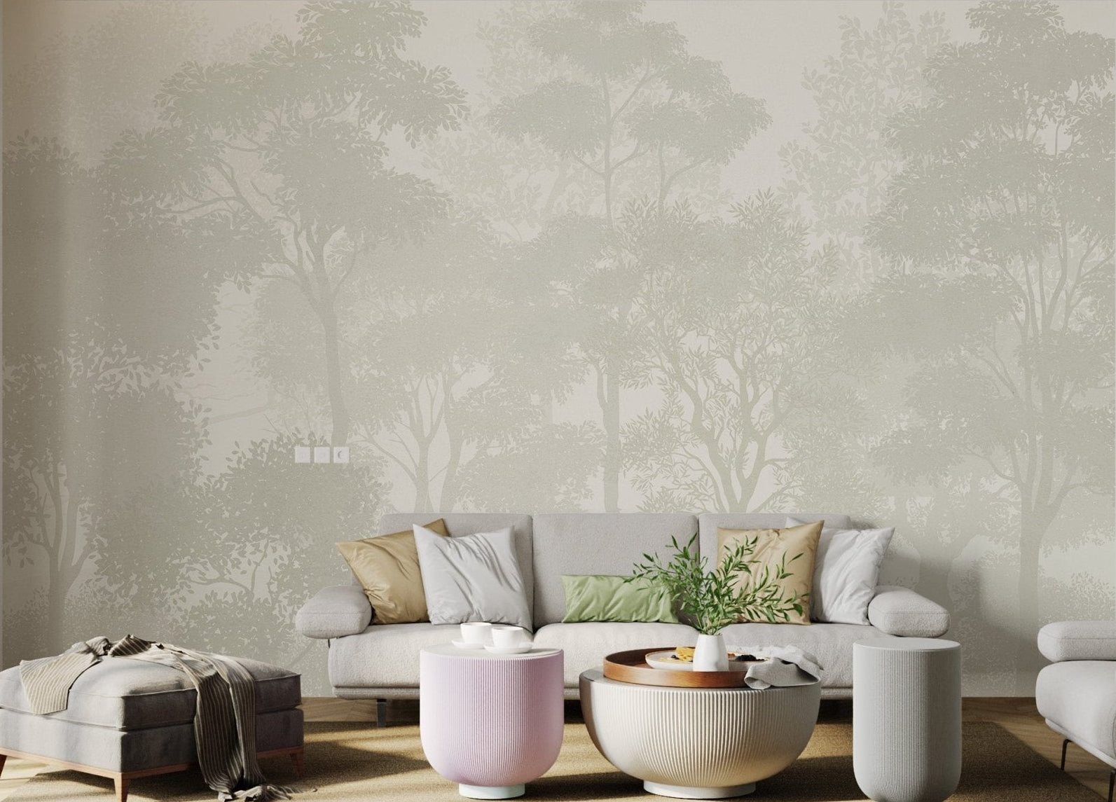 Soft color tropical peel and stick wall mural in a modern seating area.