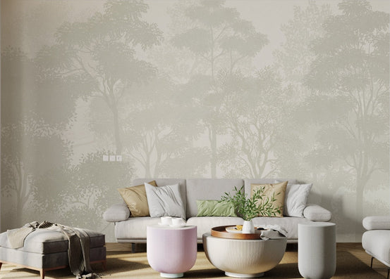 Soft color tropical peel and stick wall mural in a modern seating area.