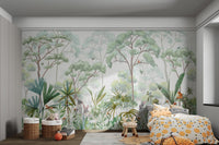 Lush forest wallpaper mural with watercolor animals and vibrant plants.