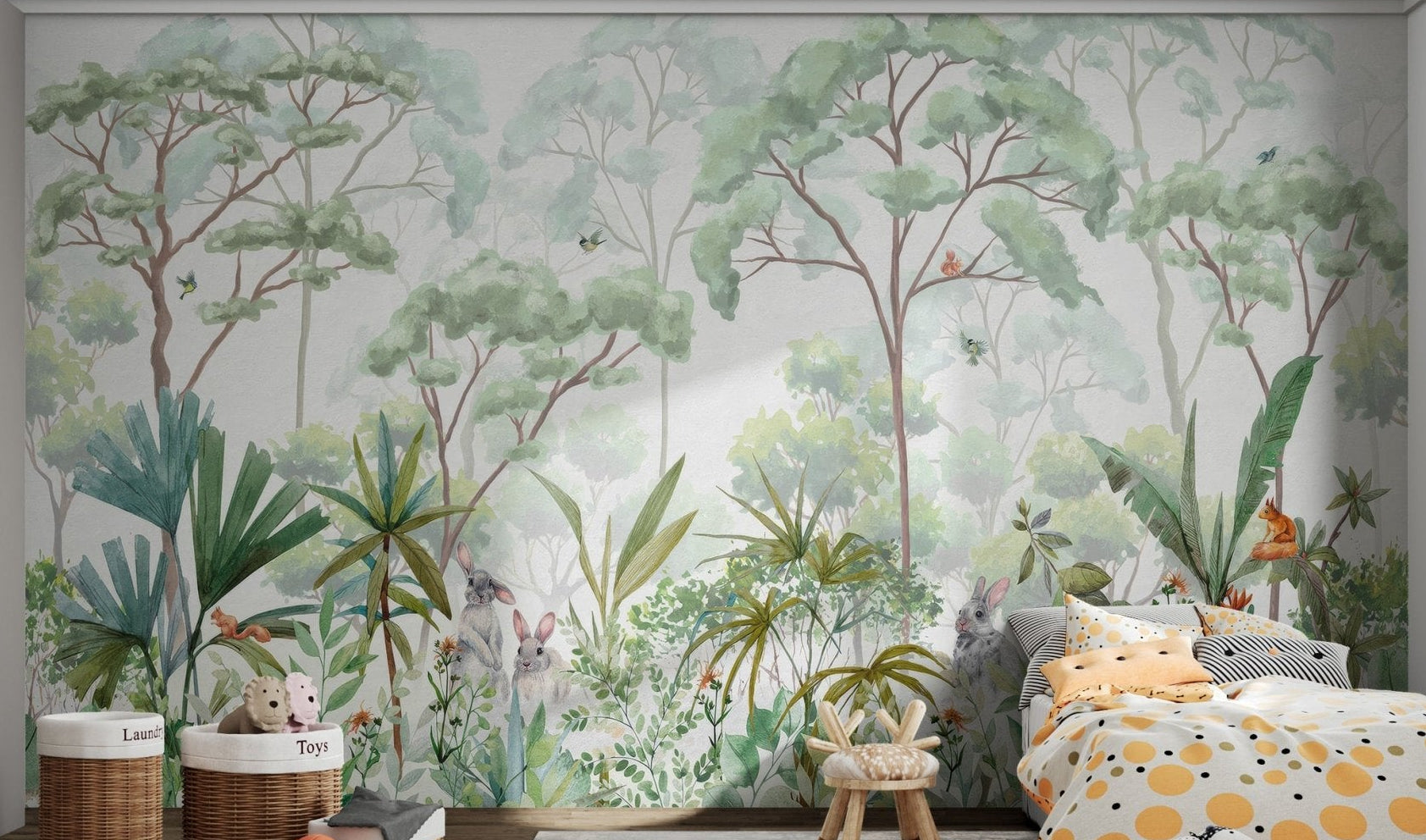 Lush forest wall mural with watercolor vibrant plants in children's bedroom.