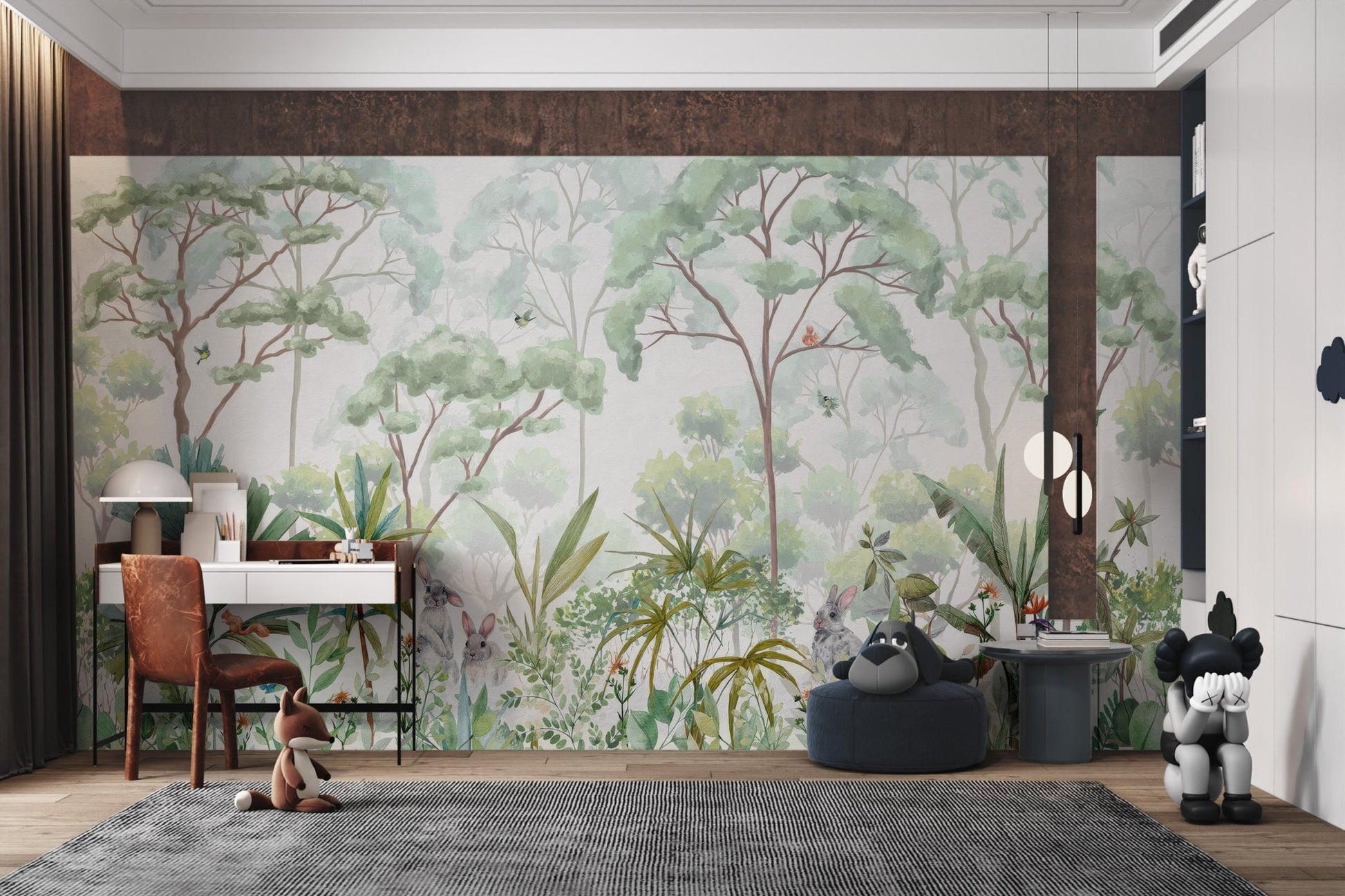 Watercolor rainforest mural with lush plants, trees, rabbits, and squirrels.
