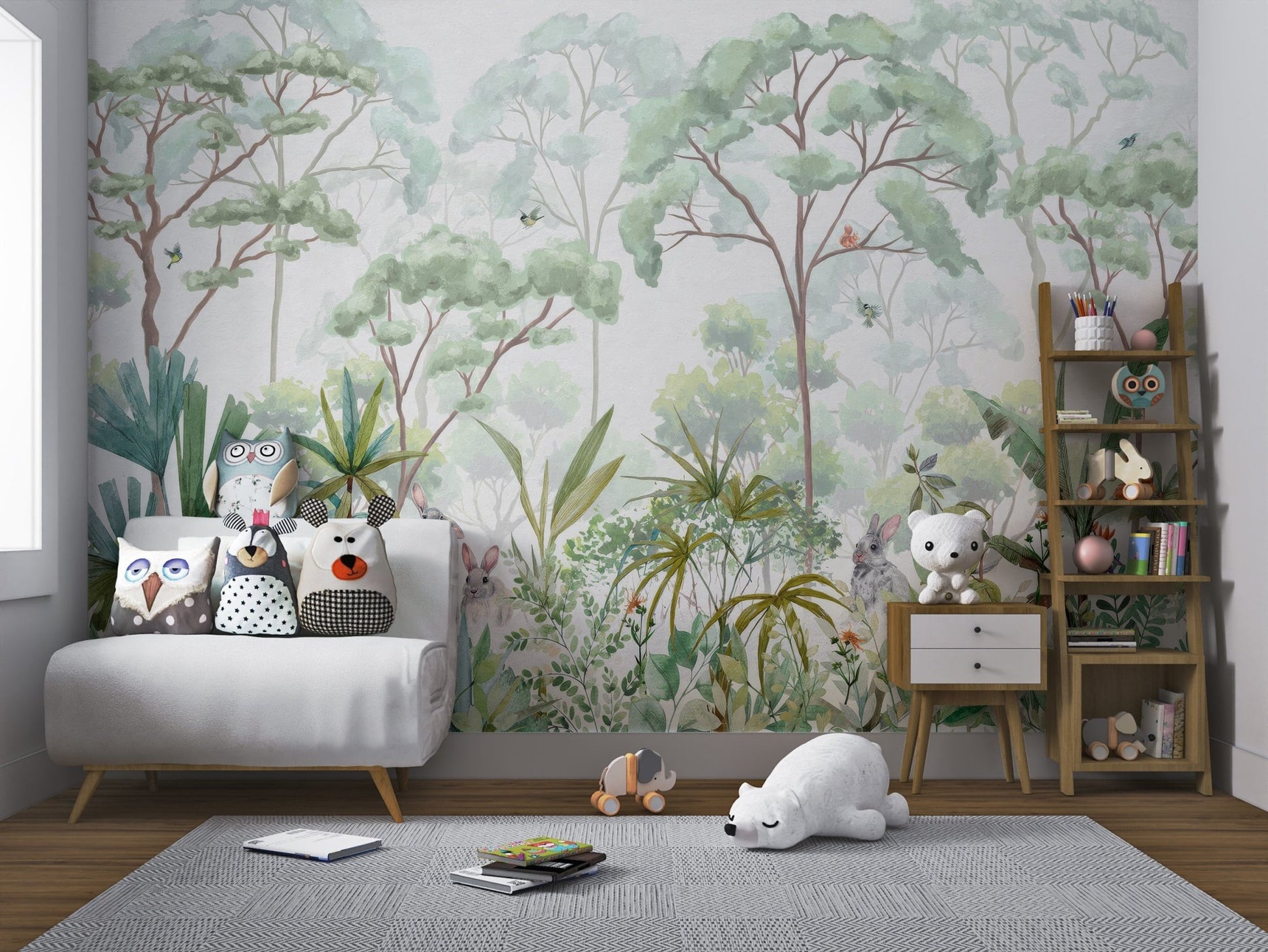 Tropical forest mural with watercolor trees, greenery, and woodland animals.