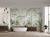 Forest wallpaper with watercolor trees, rabbits, and exotic birds flying.