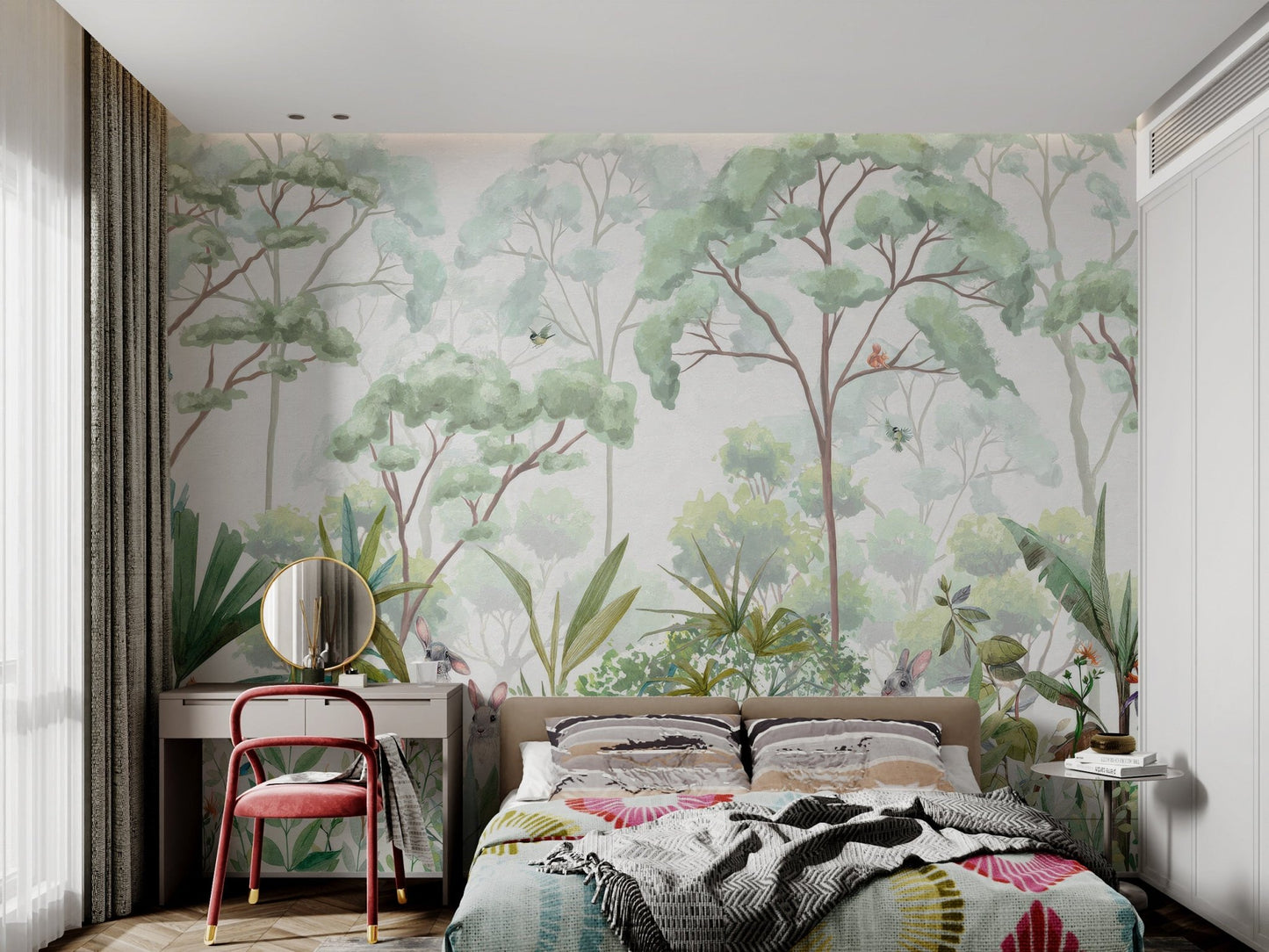 Watercolor mural of a rainforest with rabbits and colorful tropical foliage.
