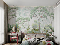 Watercolor mural of a rainforest with rabbits and colorful tropical foliage.