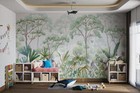 Forest scene mural with rabbits, tropical leaves, and watercolor birds.