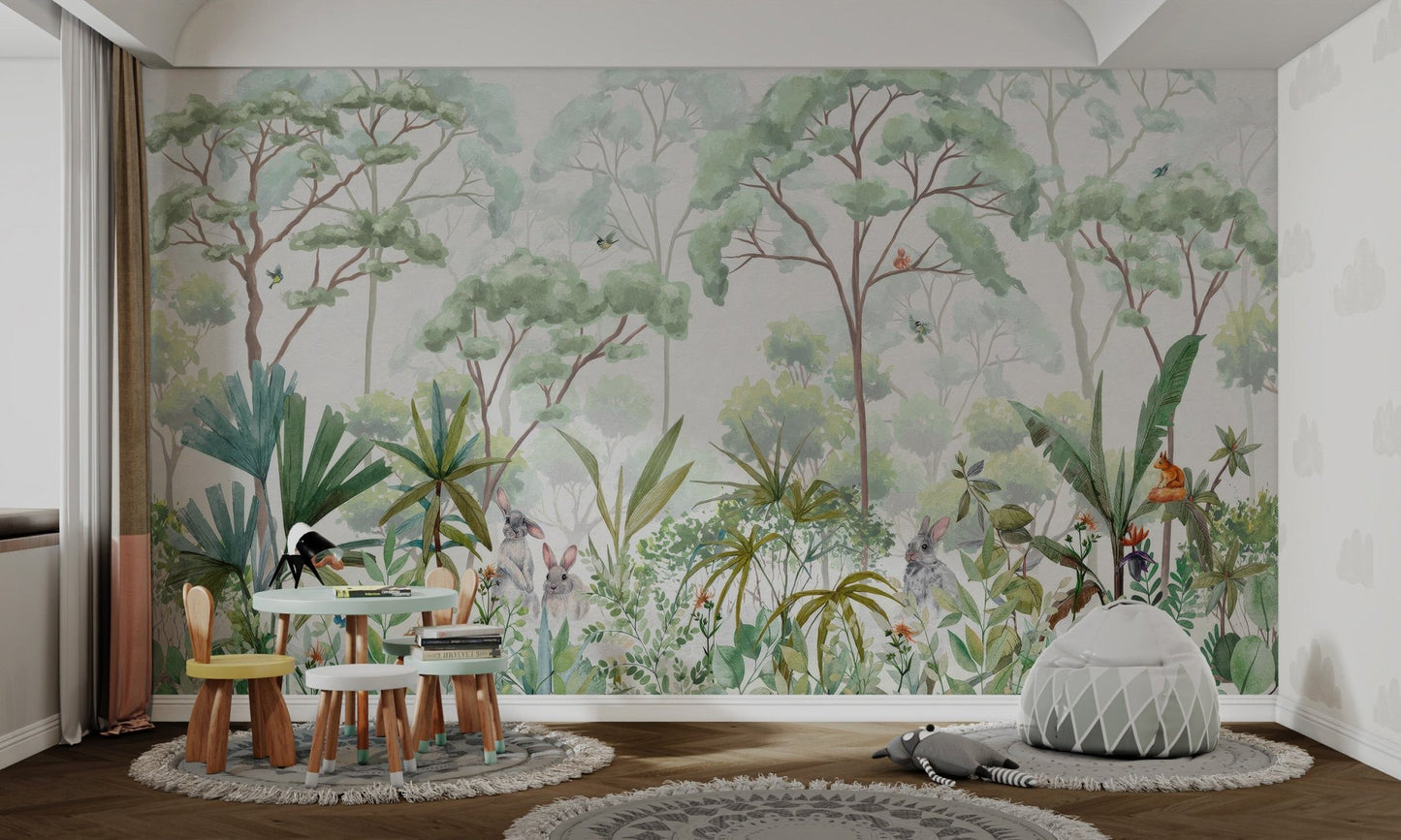 Forest mural with watercolor leaves, birds, and woodland animals.