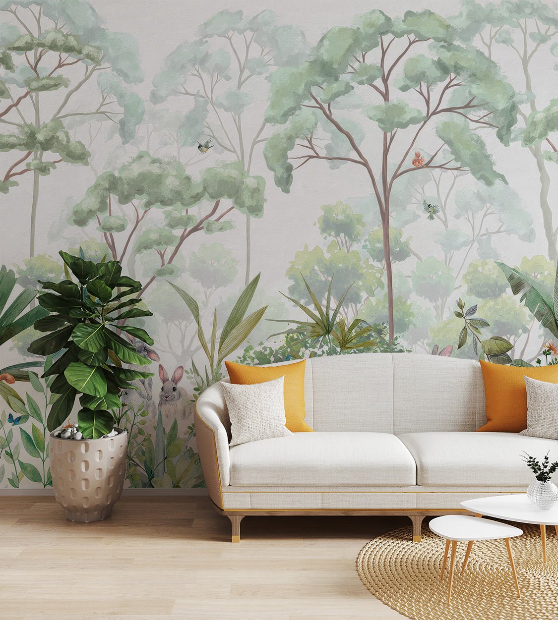 Tropical forest mural with animals, birds, and vibrant greenery.