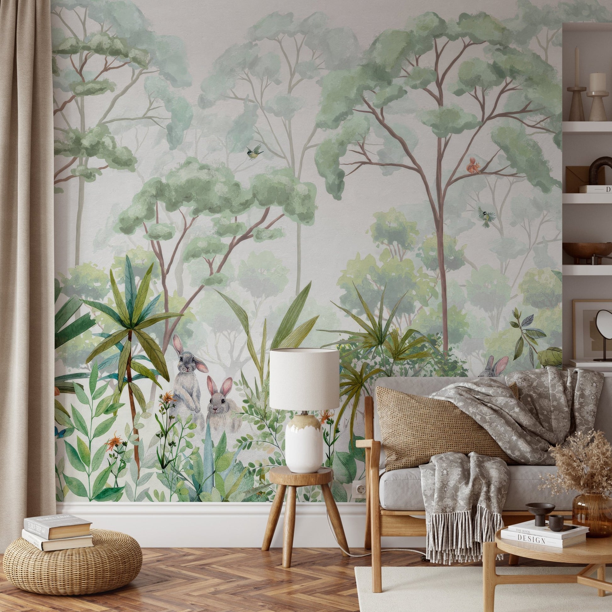 Rainforest-themed wallpaper with lush leaves, rabbits, and squirrels in trees.