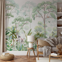Rainforest-themed wallpaper with lush leaves, rabbits, and squirrels in trees.