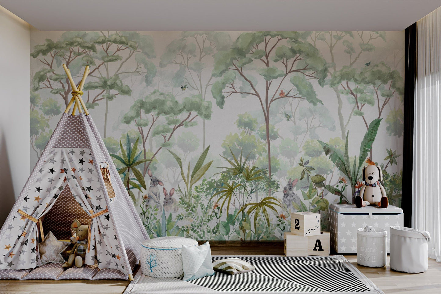 Whimsical rainforest wallpaper featuring squirrels, rabbits, and tropical plants.