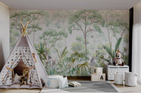 Whimsical rainforest wallpaper featuring squirrels, rabbits, and tropical plants.