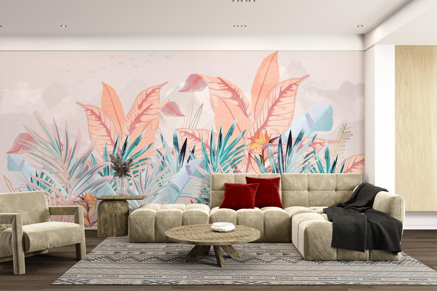 Muted Soft Pastel Banana Leaf mural displaying elegant botanical art.