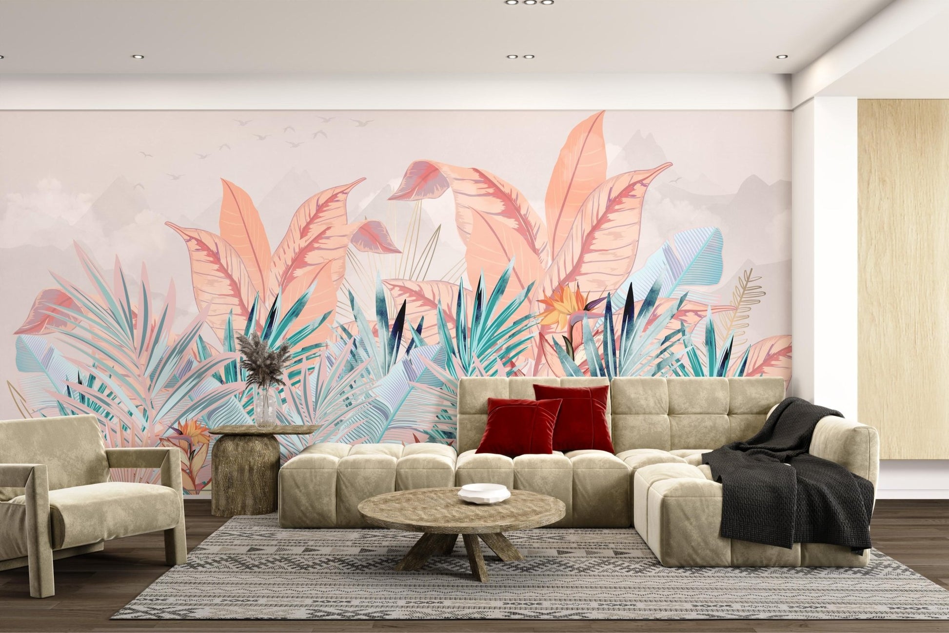 Muted Soft Pastel Banana Leaf mural displaying elegant botanical art.
