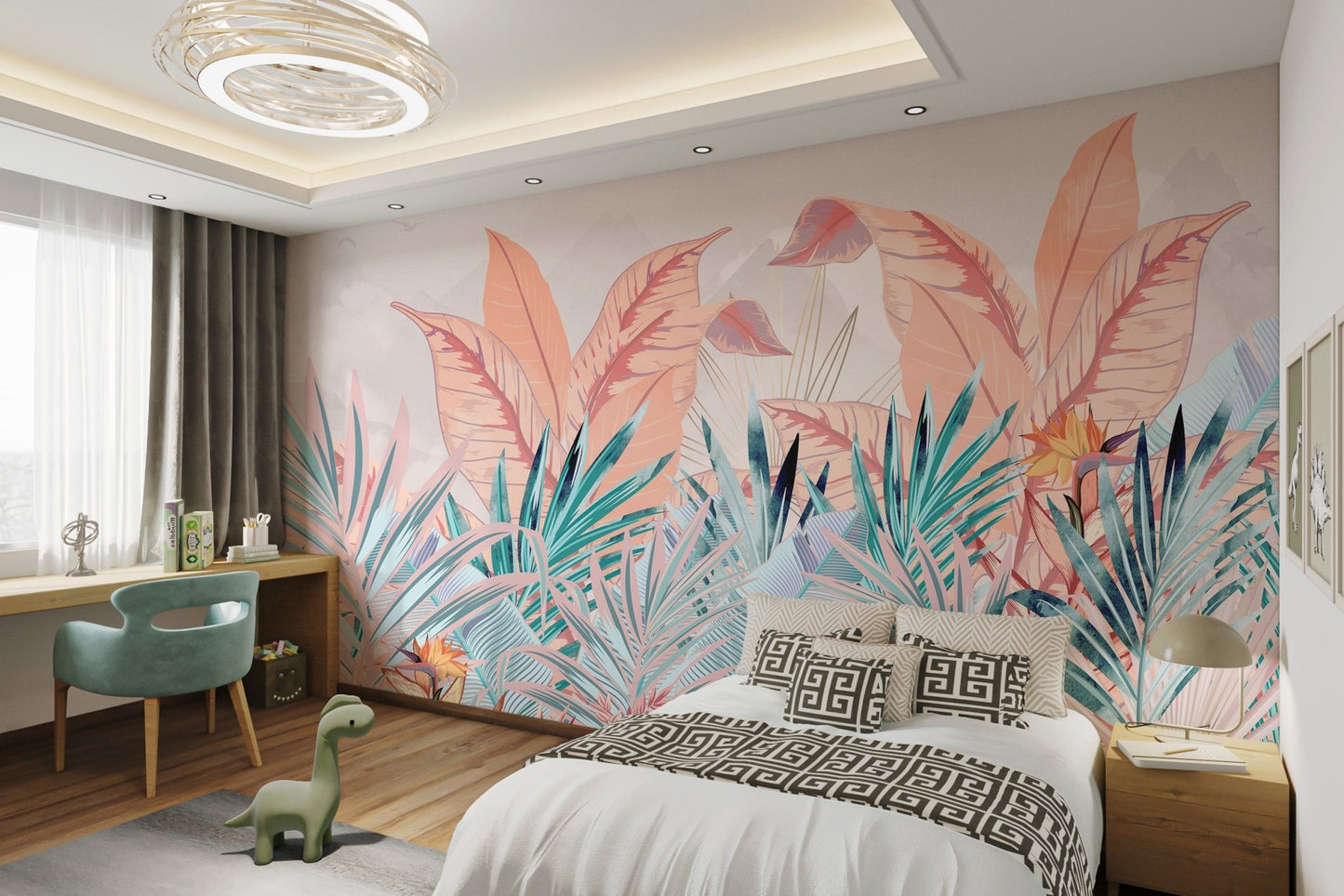 Contemporary Banana Leaf wall mural featuring misty peaks and foliage.