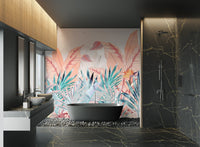 Delicate Soft Pastel Banana Leaf Wall mural for a quiet bathroom.