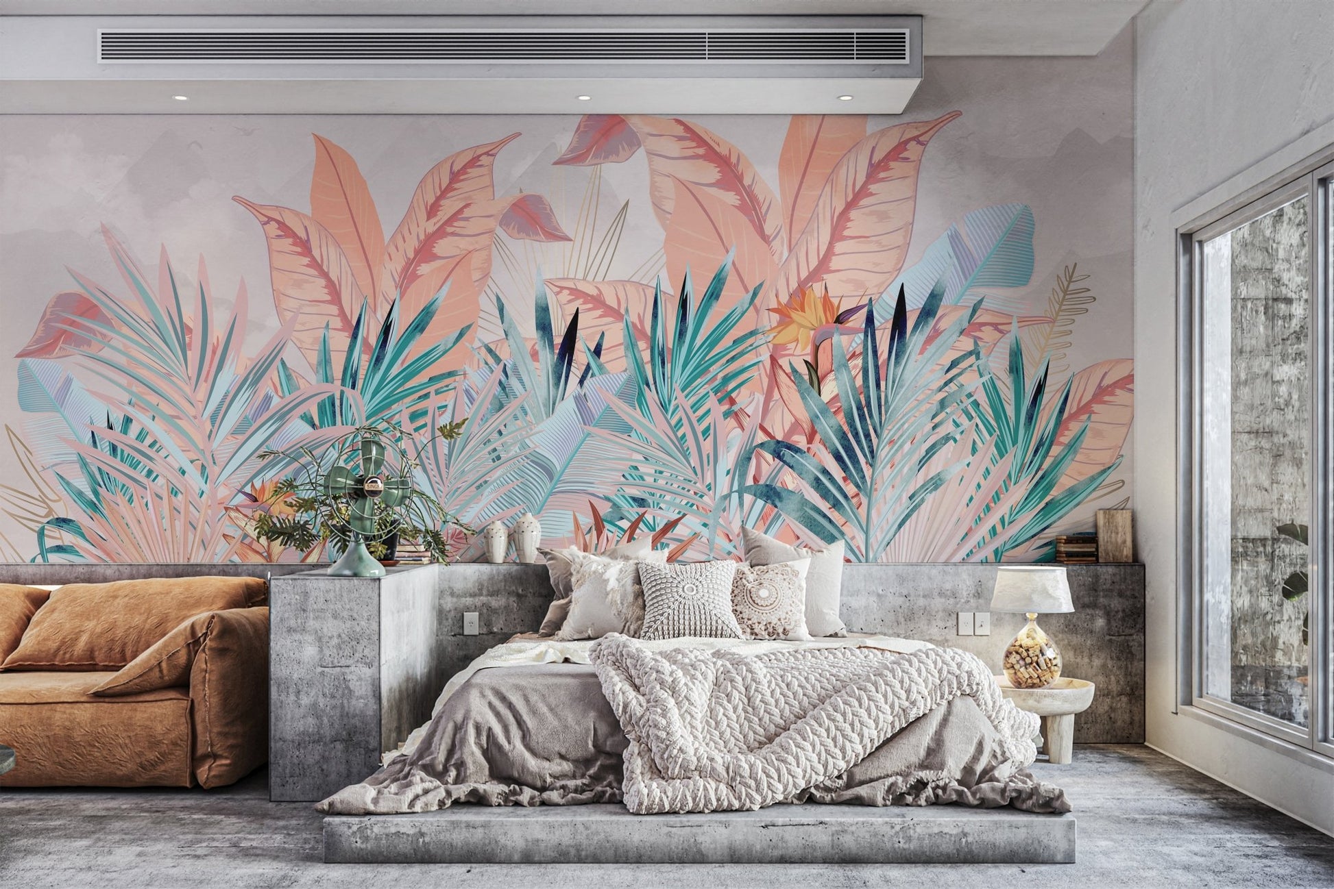 Exotic Banana Leaf wall mural creates a focal point in bright living room.