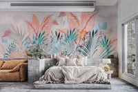 Exotic Banana Leaf wall mural creates a focal point in bright living room.