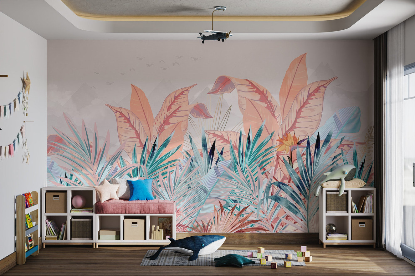 Tropical teal and peach Banana Leaf wall mural with mountain backdrop.