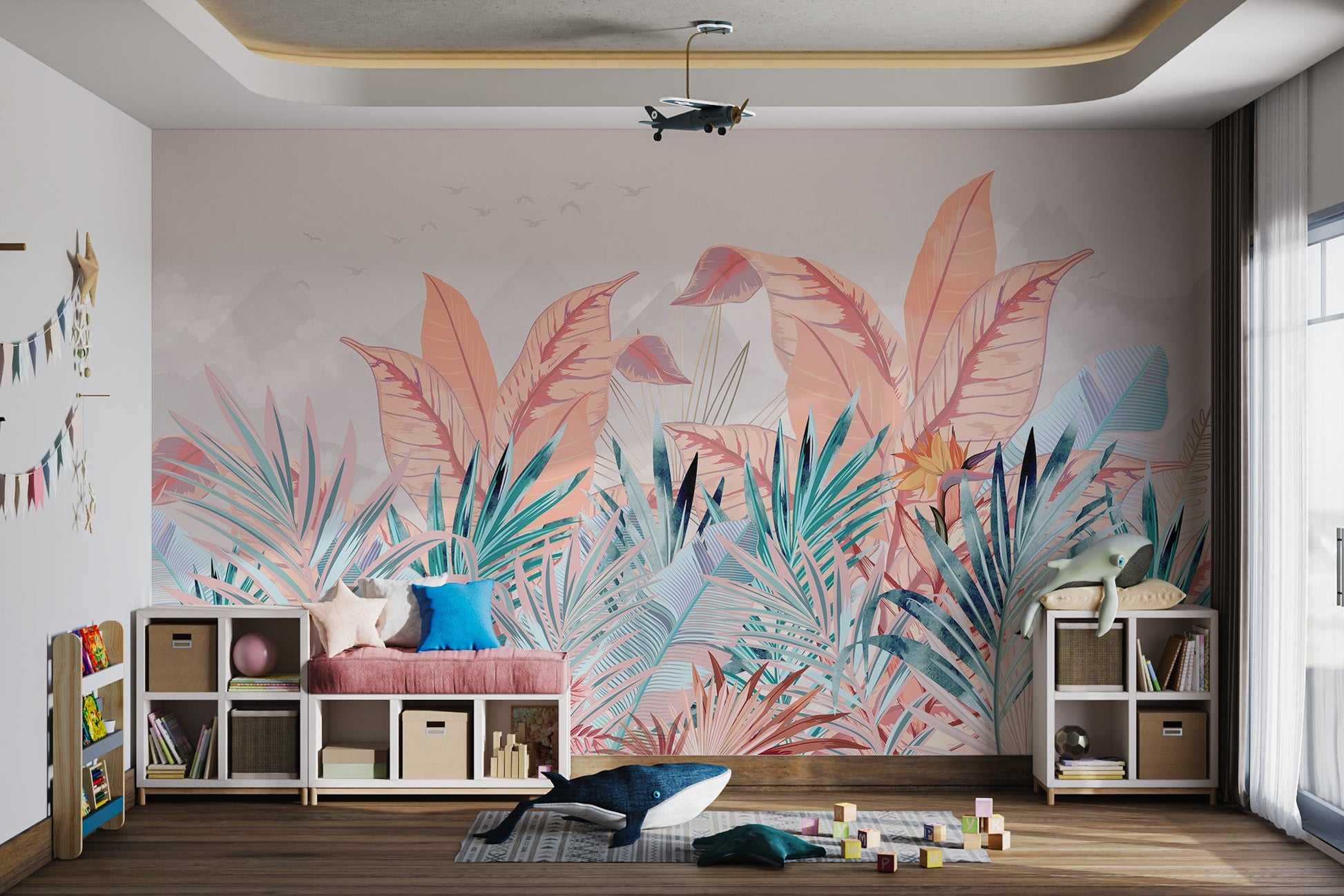 Tropical teal and peach Banana Leaf wall mural with mountain backdrop.