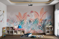Tropical teal and peach Banana Leaf wall mural with mountain backdrop.