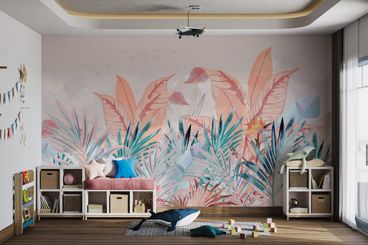 Tropical teal and peach Banana Leaf wall mural with mountain backdrop.