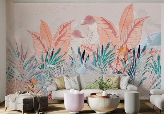 Pink Soft Pastel Banana Leaf mural for a serene living room ambiance.