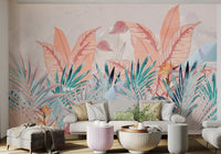 Pink Soft Pastel Banana Leaf mural for a serene living room ambiance.