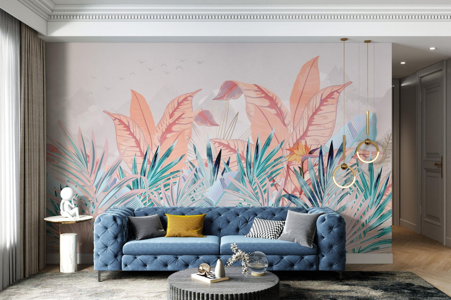 Artistic Banana Leaf wall mural in a modern living room for a relaxed feel.