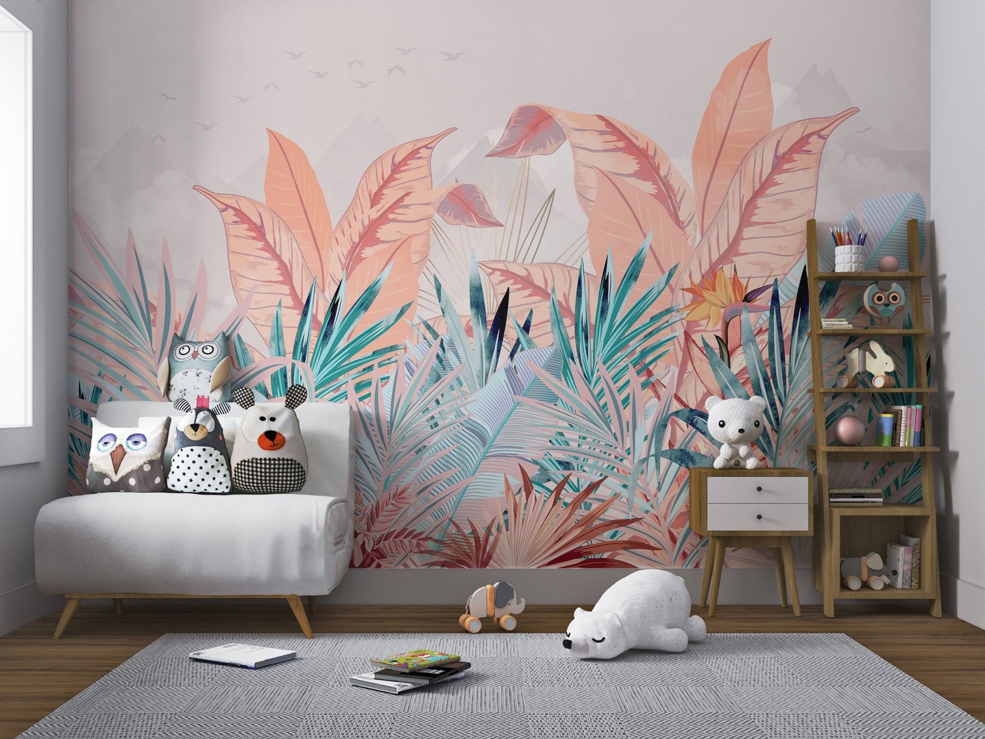 Lush botanical Banana Leaf wall mural with pastel teal and peach hues.