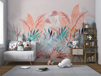 Lush botanical Banana Leaf wall mural with pastel teal and peach hues.