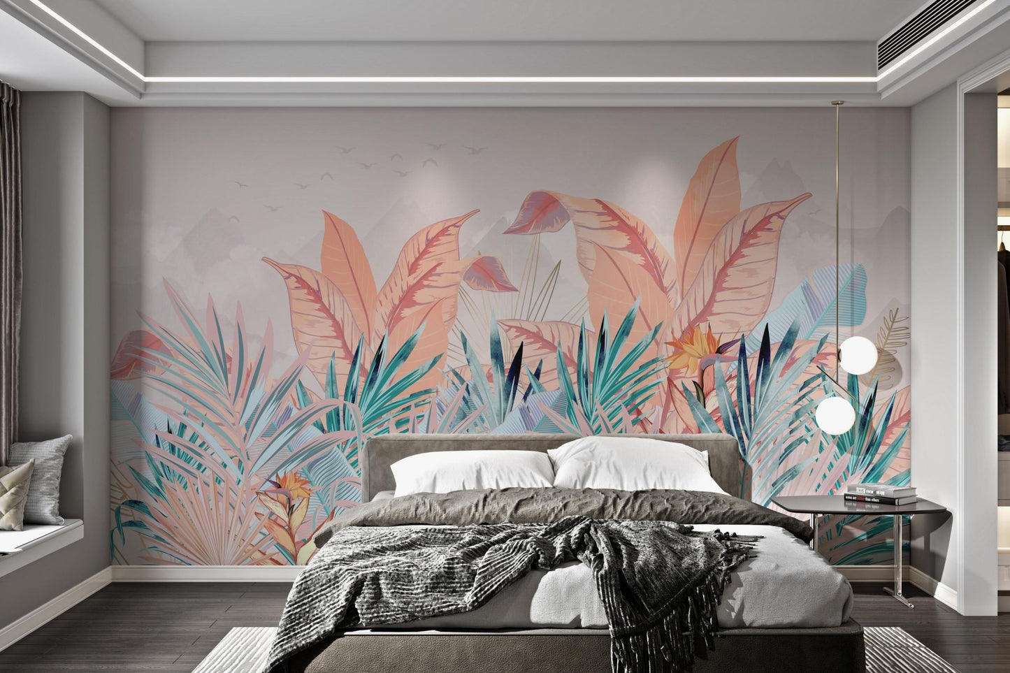 Subtle pink Soft Pastel Banana Leaf mural designed for a sunlit bedroom.
