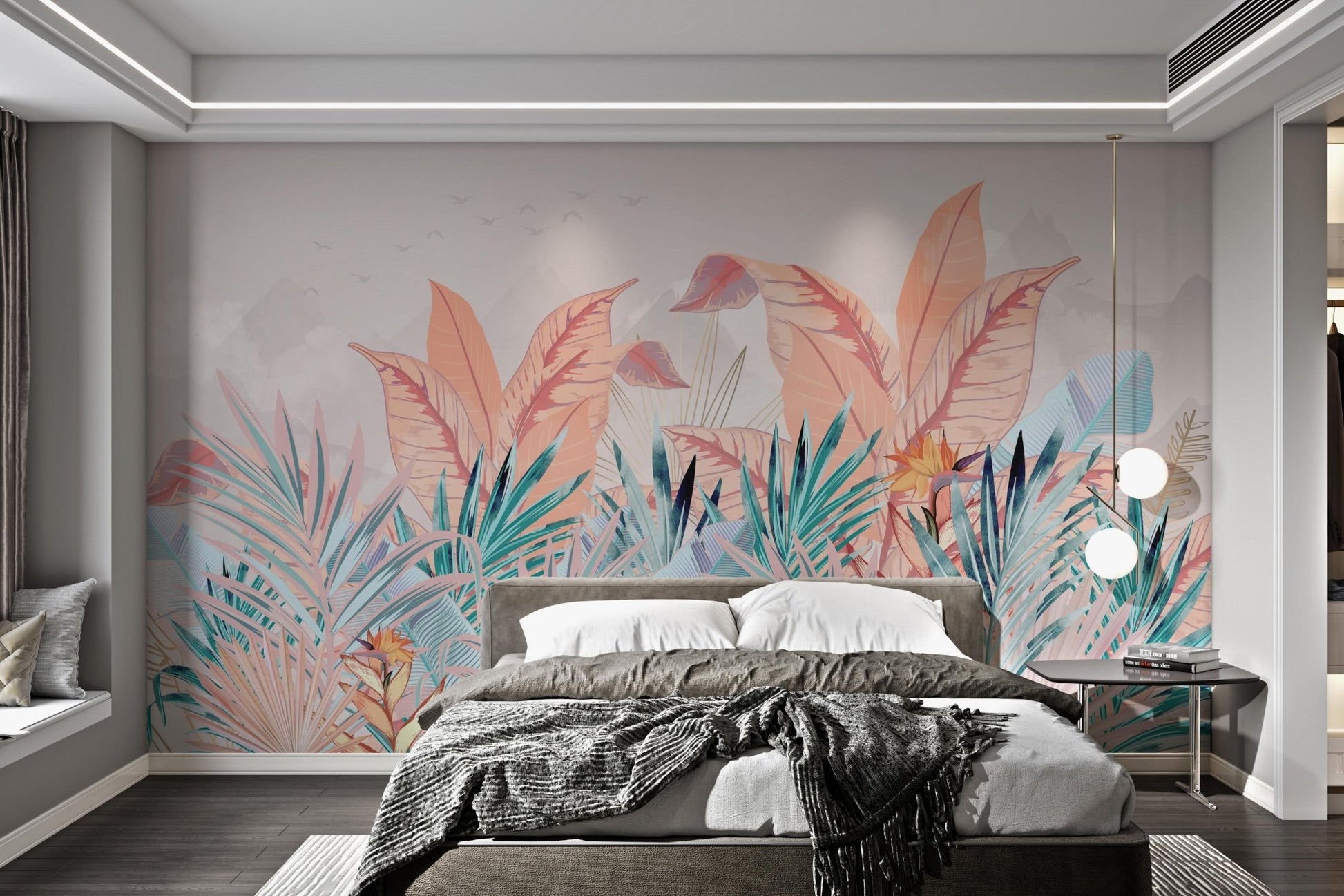 Subtle pink Soft Pastel Banana Leaf mural designed for a sunlit bedroom.
