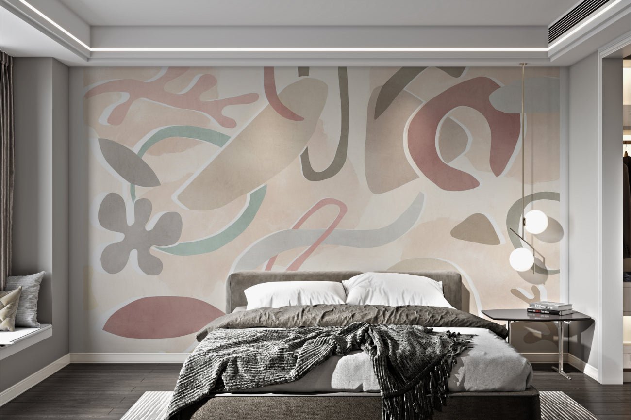 Minimalist abstract shapes mural for modern bedroom feature walls.