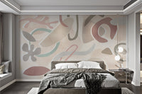 Minimalist abstract shapes mural for modern bedroom feature walls.