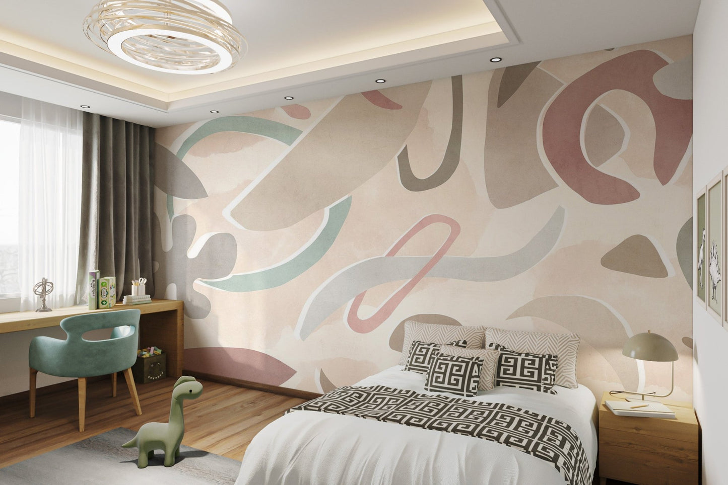 Warm beige and blush pink fluid pattern wall mural for kids bedroom.
