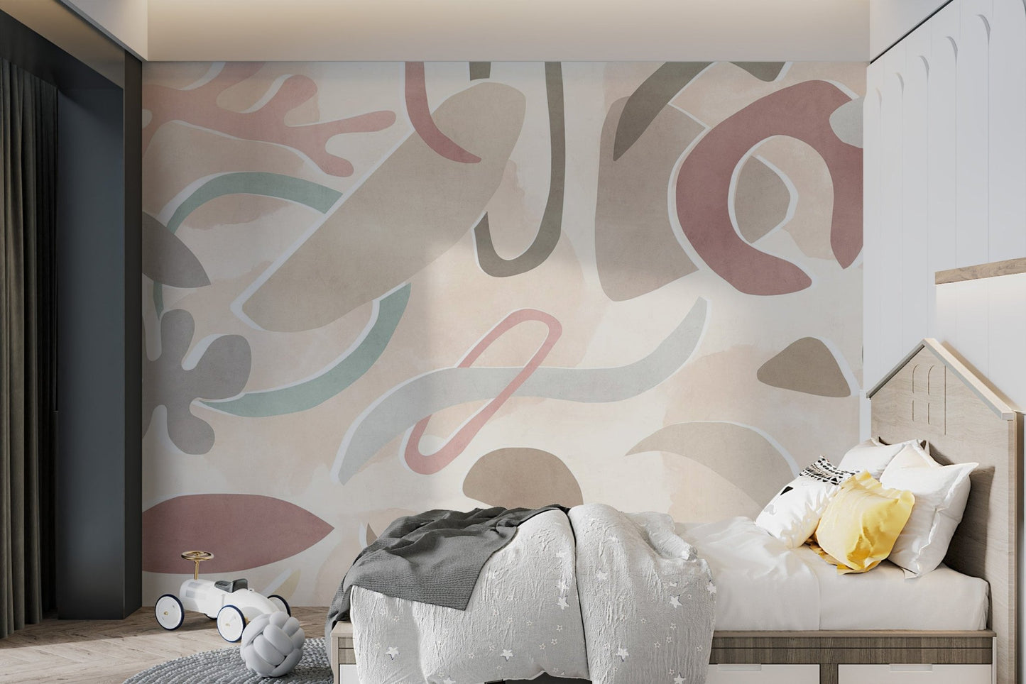 Abstract mid-century modern style wall mural with soft pastel elements.