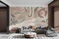 Abstract geometric shapes wall mural featuring soft pinks and beige tones.